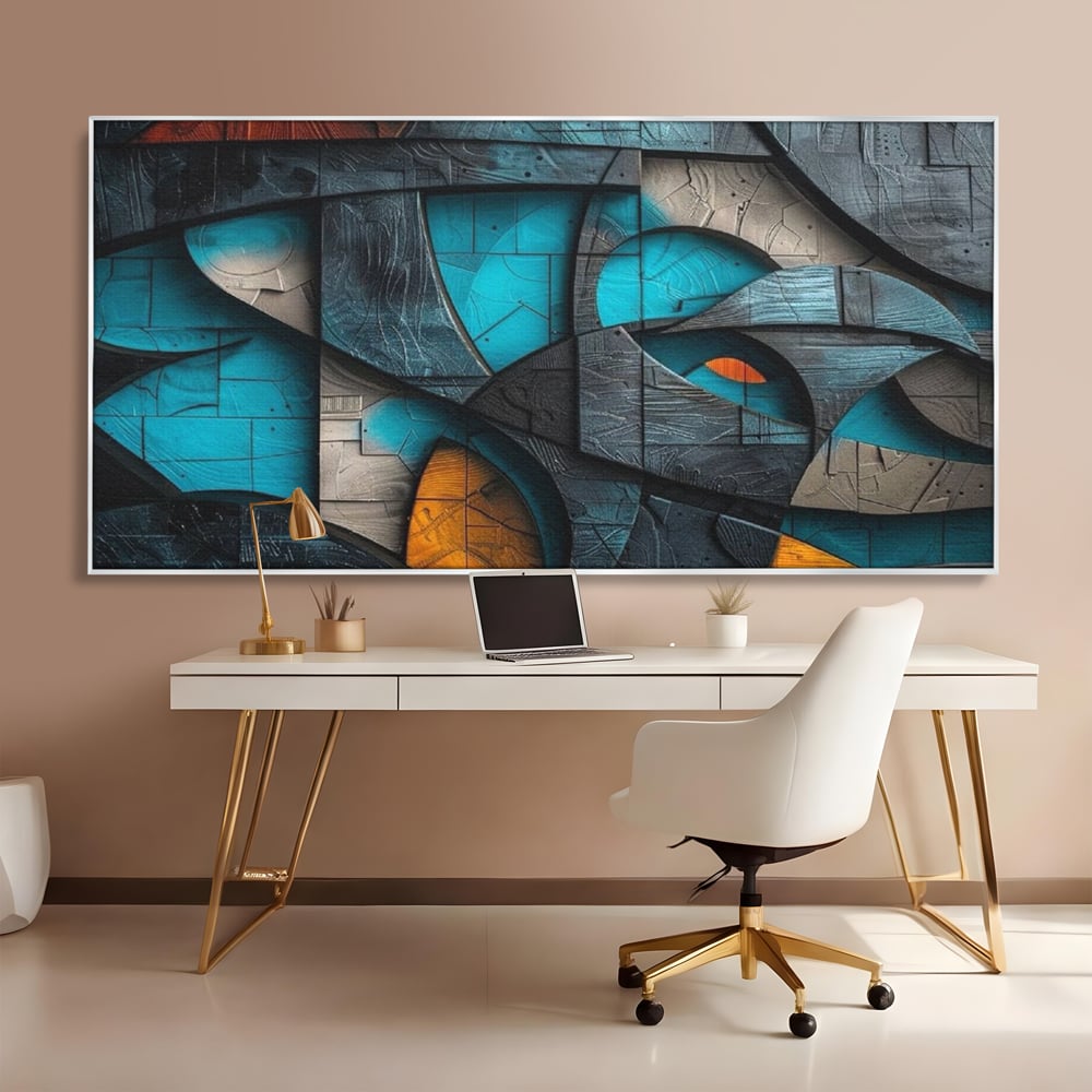 Tablou canvas cu tablou abstract cu forme geometrice din lemn, in rama de aluminiu argintiu, pe perete intr-un birou